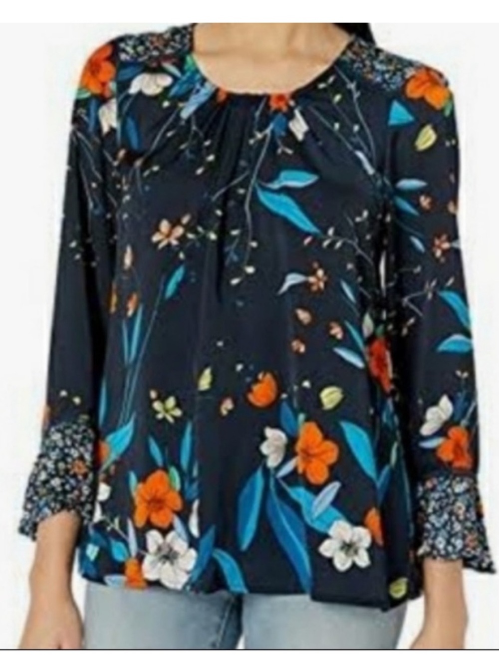 Nanette Lepore Navy Floral Blouse with Orange & Teal Accents